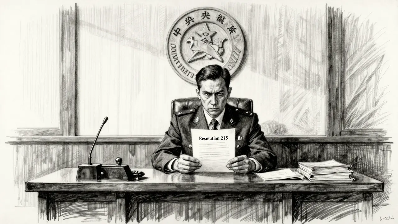 Charcoal sketch of Cuban bureaucrat regulating crypto under Resolution 215