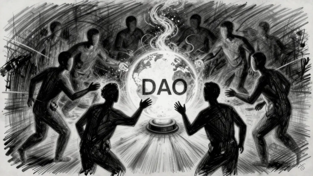 Charcoal sketch of figures voting in a decentralized DAO assembly
