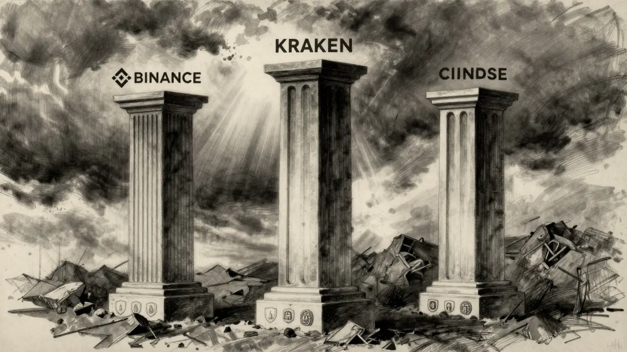 Charcoal sketch of three strong pillars symbolizing safe crypto alternatives.