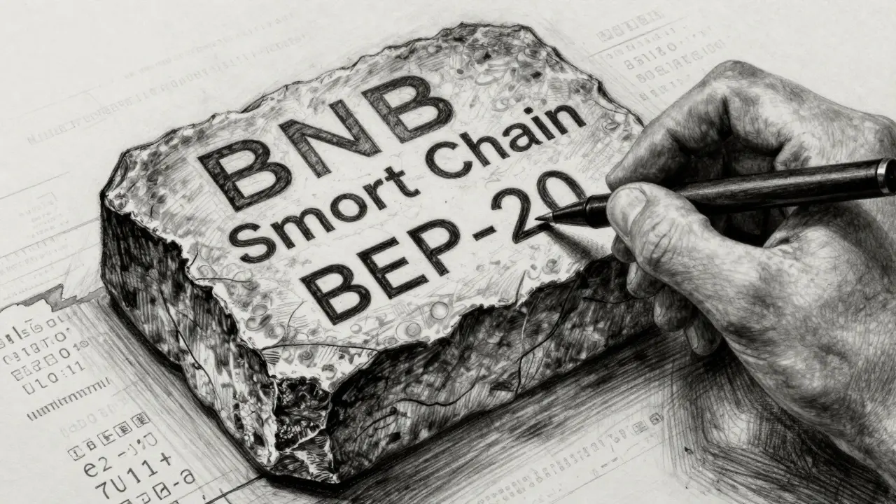 Charcoal sketch of verifying BNB Smart Chain token contract on stone block
