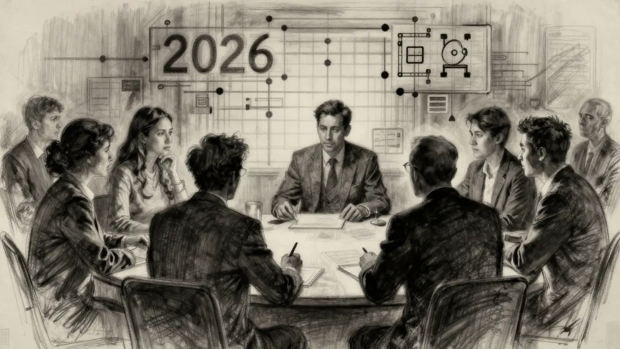 Charcoal sketch showing community discussion merging into a structured digital grid.