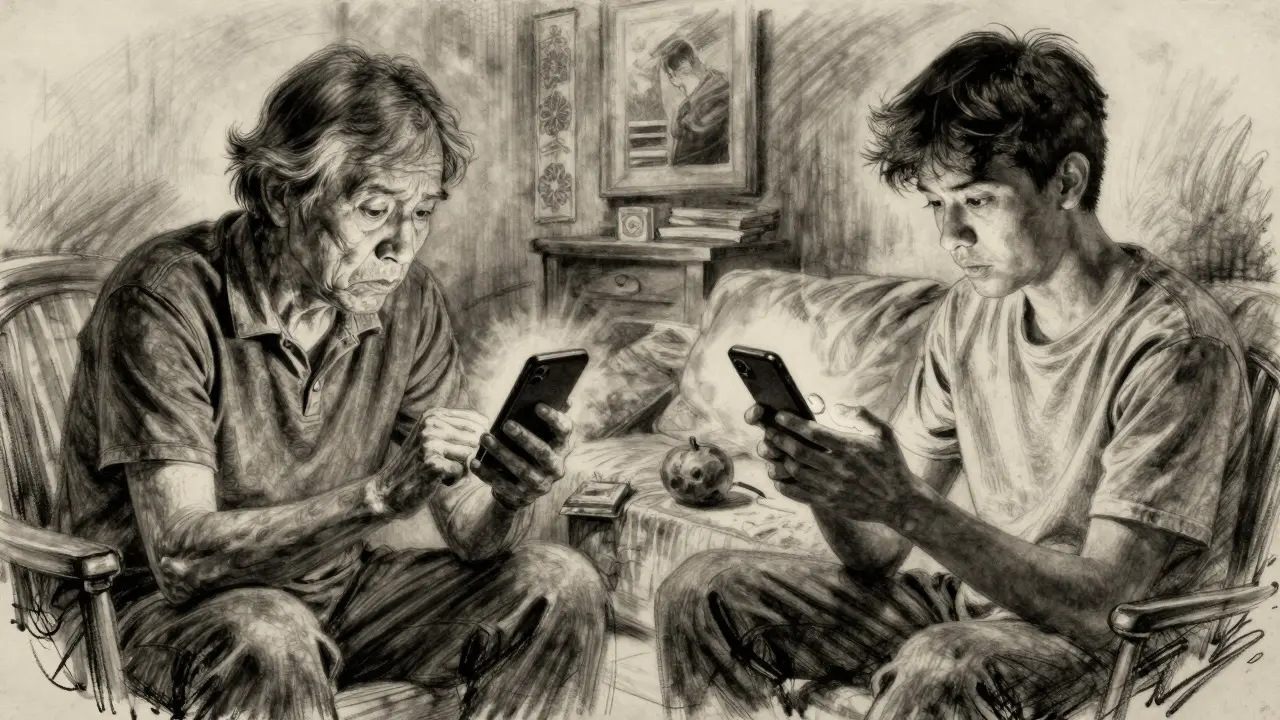 Charcoal sketch showing the digital divide between young users and confused elders.