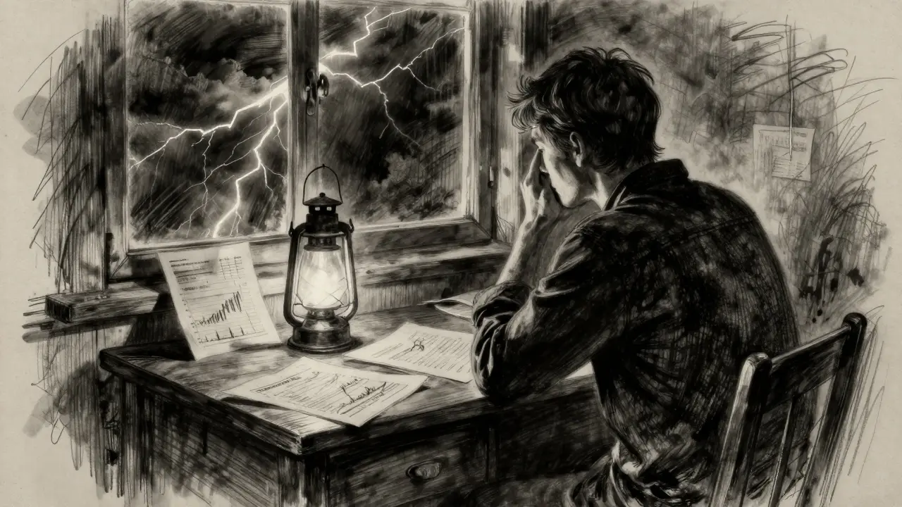 Figure analyzing risky investments under a lantern light