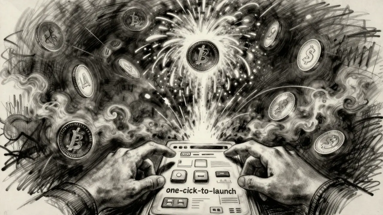 Sketch of chaotic meme coin launches and volatile trading