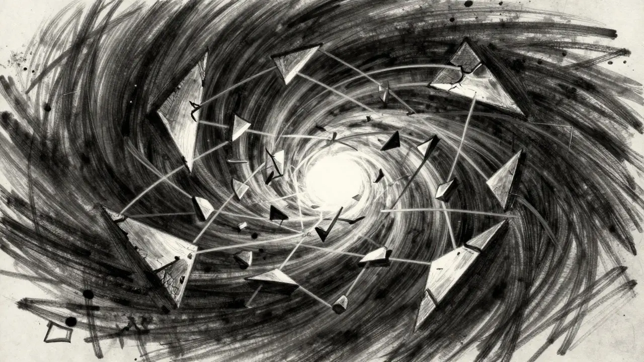 Abstract charcoal art depicting blockchain consensus and security resilience
