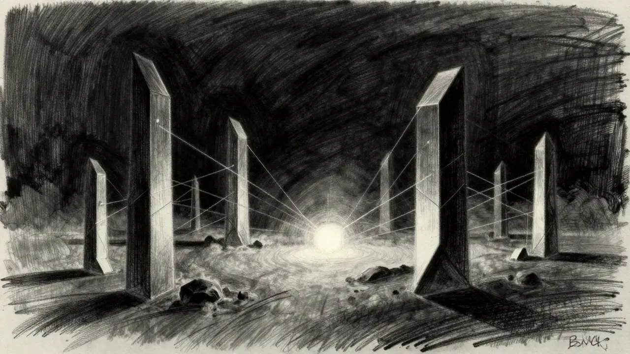 Abstract charcoal art of geometric pillars and a glowing orb