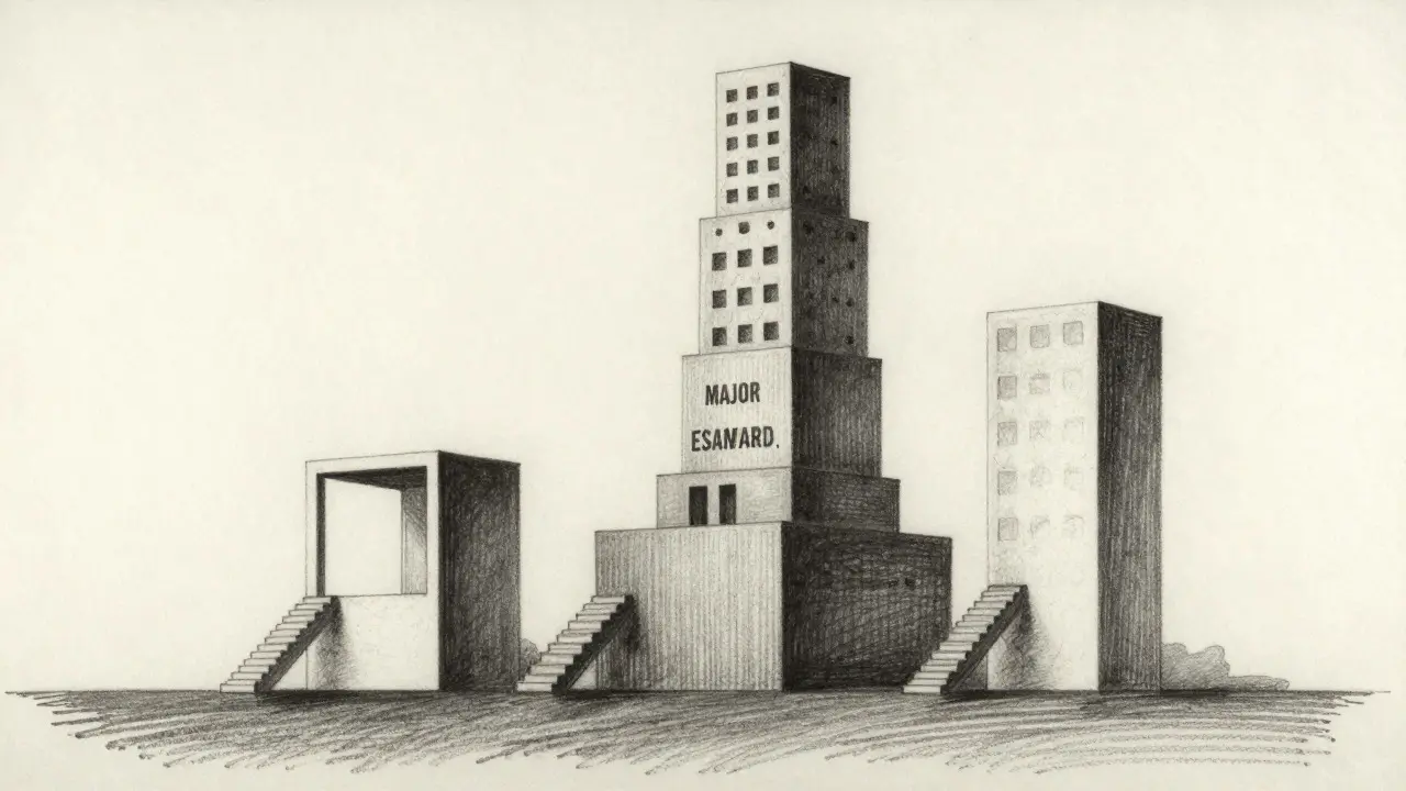 Abstract charcoal illustration of three buildings representing different license tiers