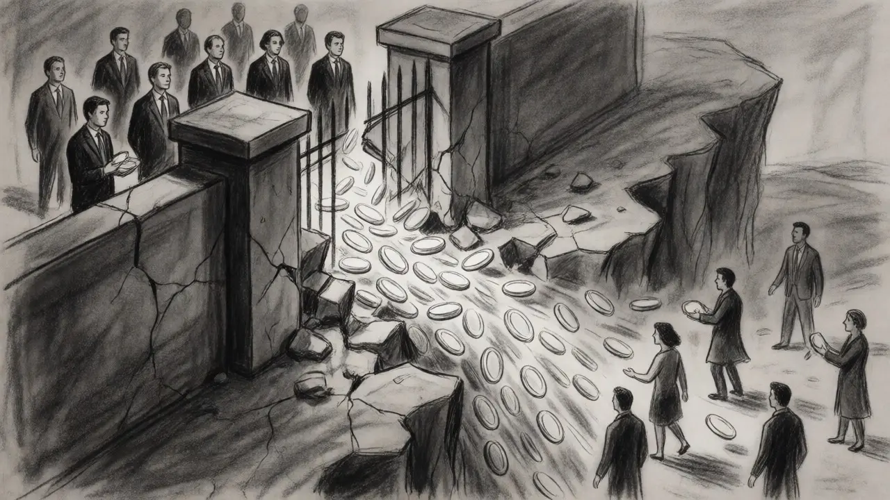 Allegorical drawing of insiders behind a breaking wall releasing tokens onto retail investors.