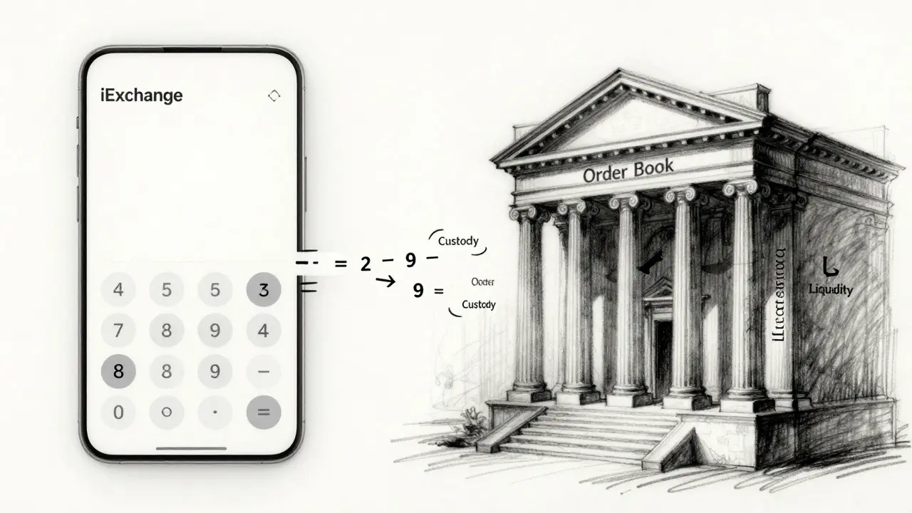 Charcoal art comparing empty calculator app to solid exchange structure