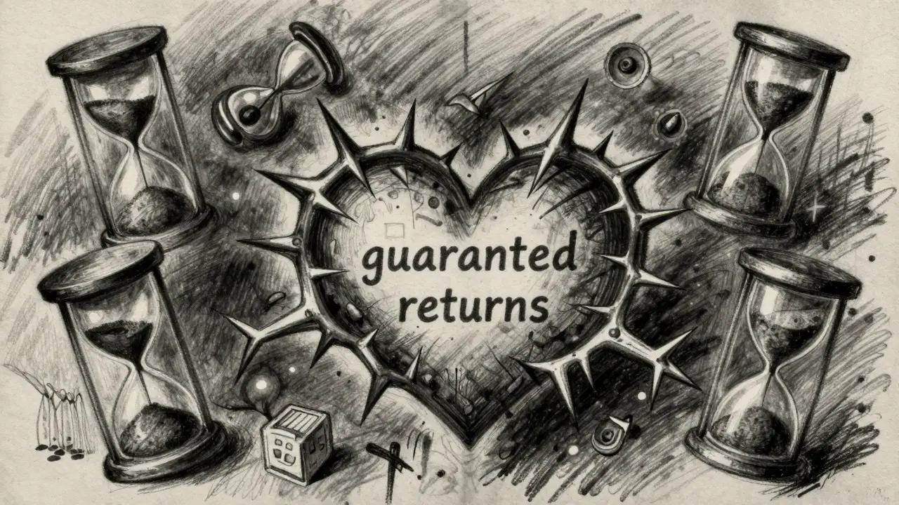 Charcoal art depicting psychological traps of crypto scams with thorns and hourglasses
