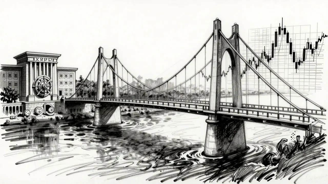 Charcoal art of a bridge connecting banks to digital waves over a dark river