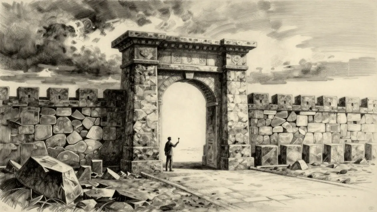 Charcoal art of a figure choosing between two paths separated by a large gate