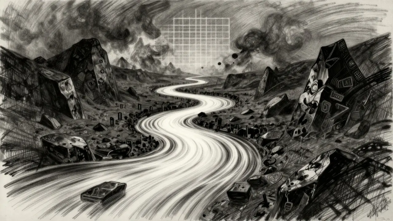 Charcoal art of a flowing light river navigating dark terrain, showing AI DeFi