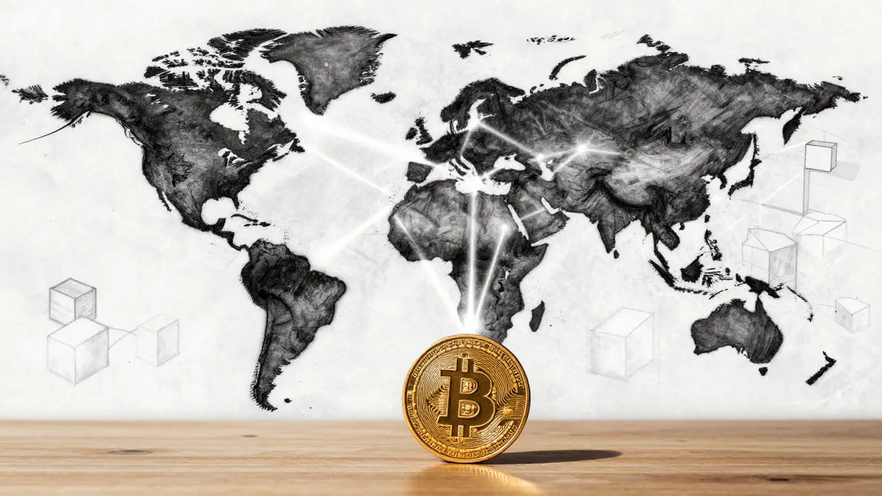 Charcoal art of a global map with light beams showing borderless crypto settlements