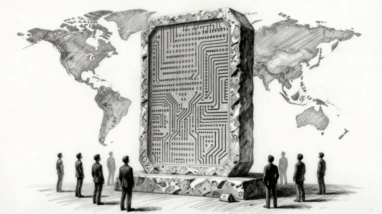 Charcoal art of a stone monolith with circuit patterns, symbolizing smart contract compliance