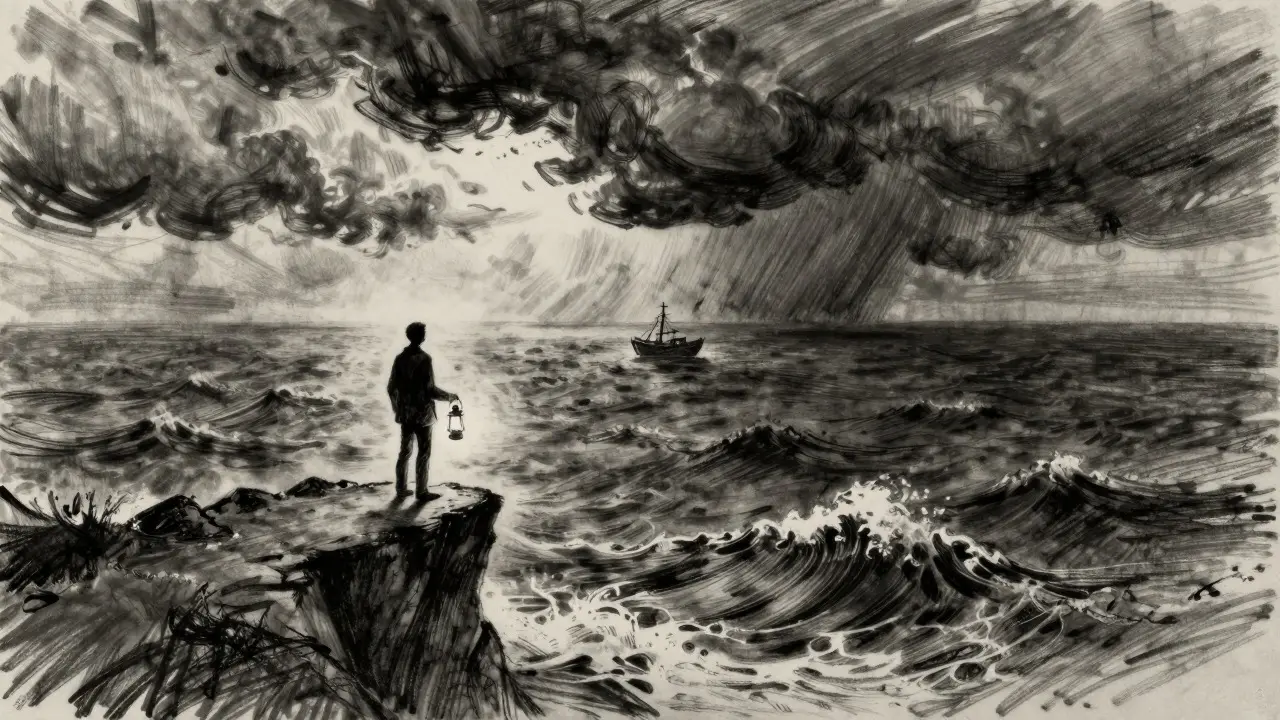 Charcoal art of an investor on a cliff overlooking a turbulent sea