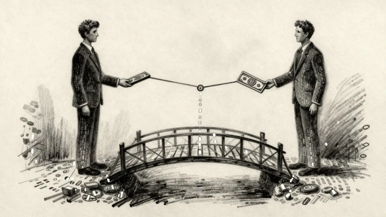 Charcoal art of two figures exchanging assets via a smart contract