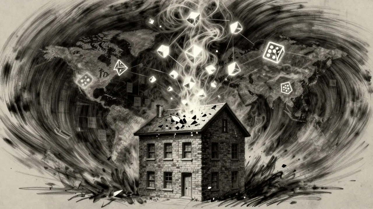 Charcoal art showing a building fragmenting into floating tokens, representing asset tokenization.