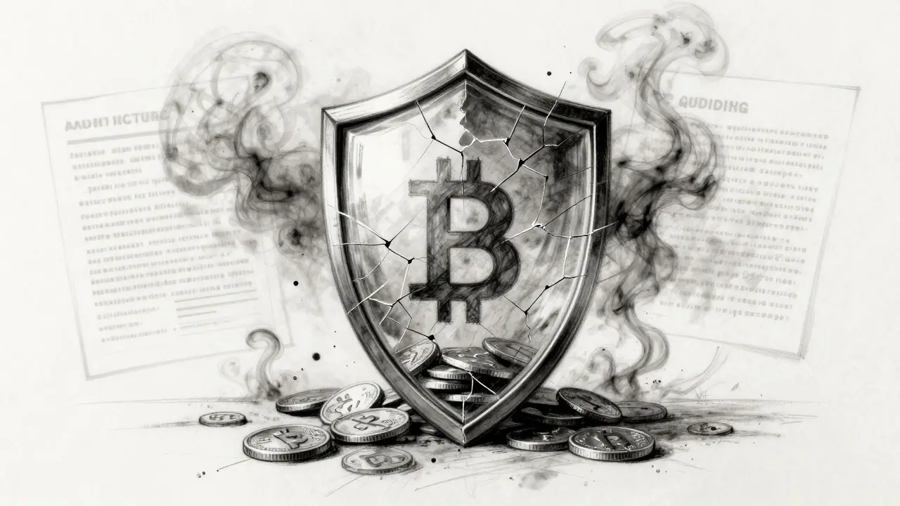 Charcoal art showing a cracked protective shield over coins with rising smoke and dissolving documents