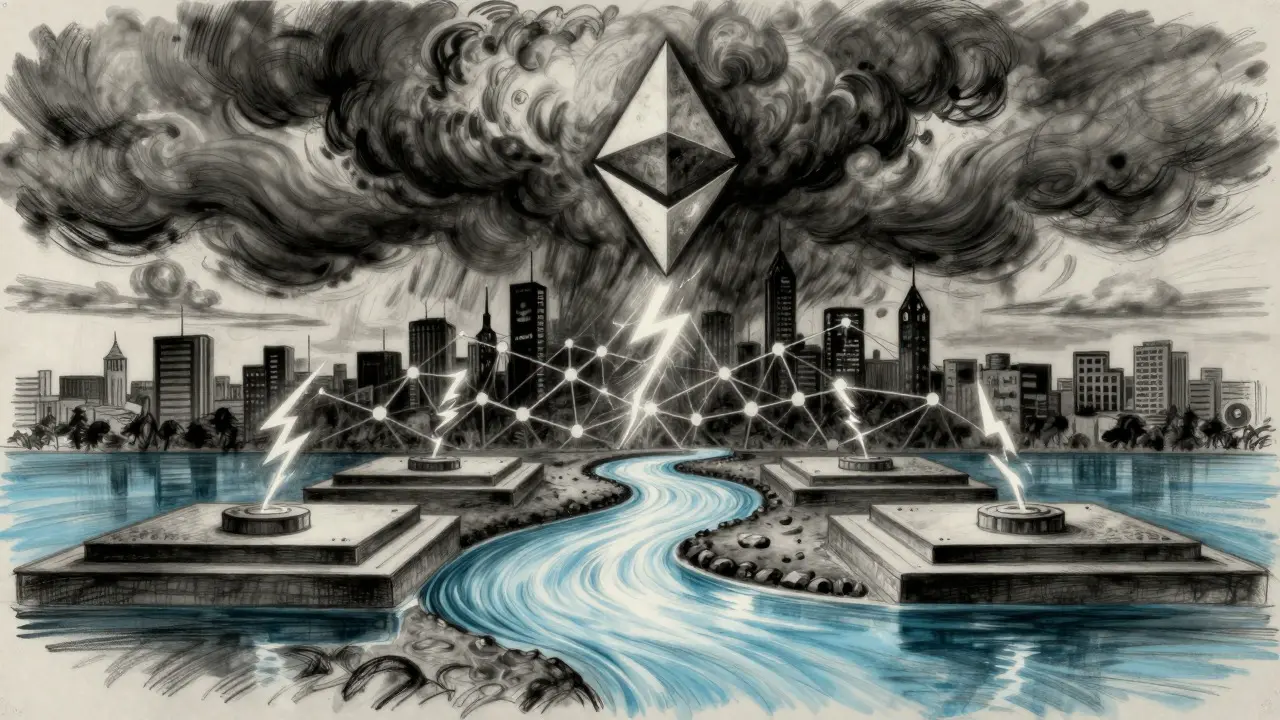 Charcoal art showing a storm over digital nodes with a calm river below