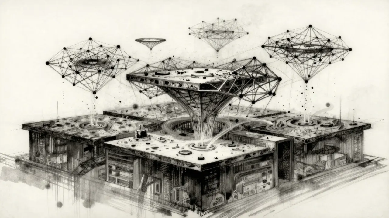Charcoal art showing layered blockchain infrastructure with fast-flowing upper networks.