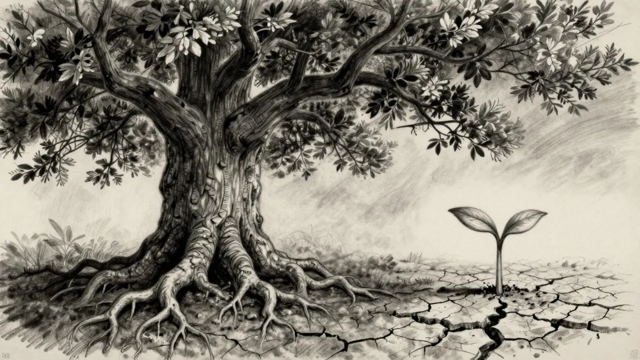 Charcoal drawing contrasting a large oak tree with a tiny sprout in dry soil