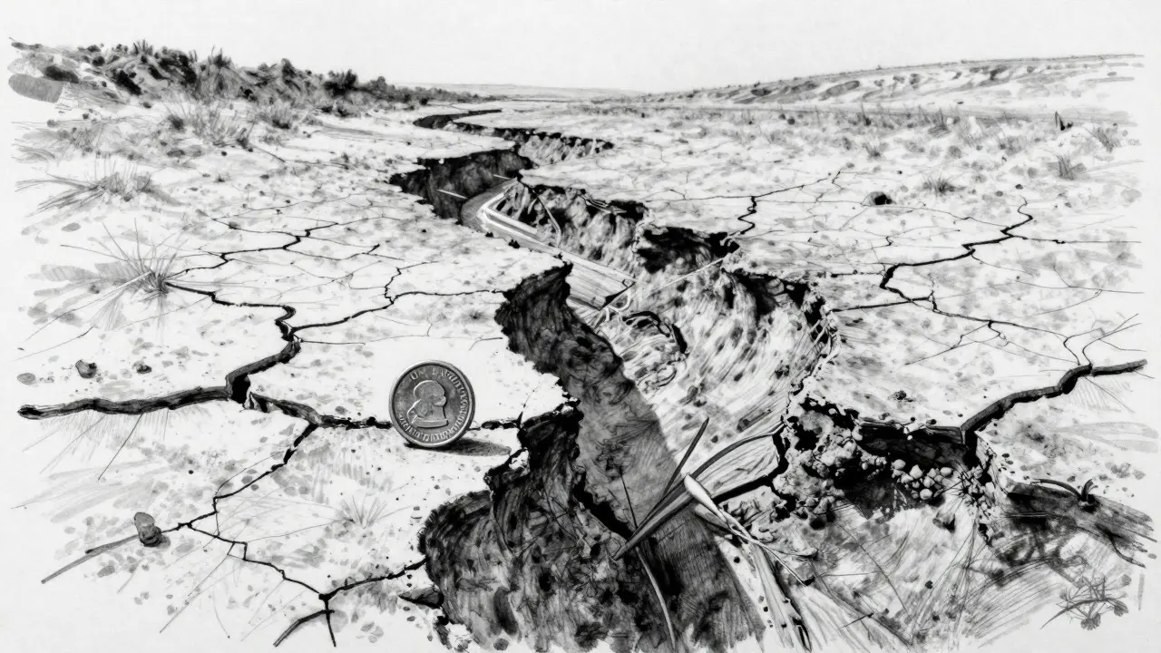 Charcoal drawing of a coin on the edge of a crack in dry earth, symbolizing low liquidity.
