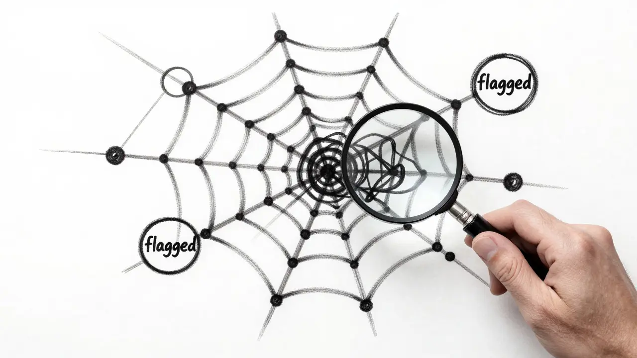 Charcoal drawing of a complex network web with highlighted nodes representing blockchain tracing