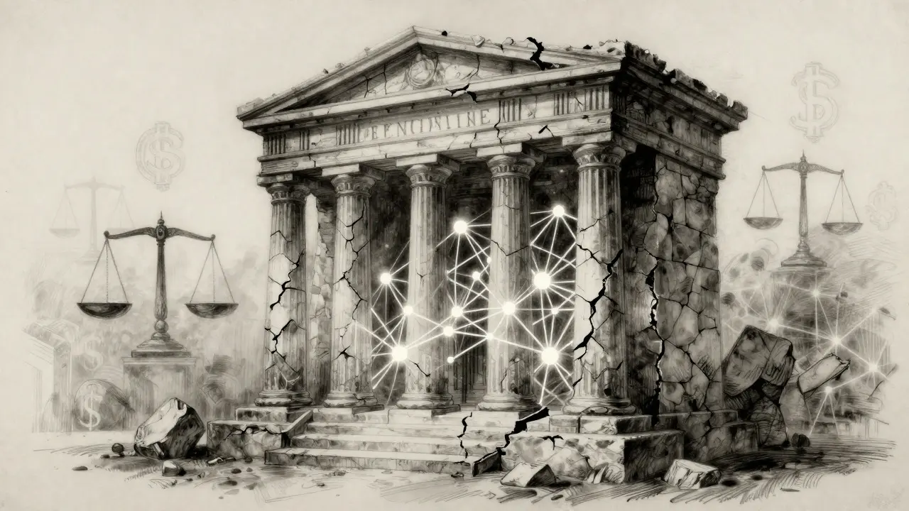 Charcoal drawing of a cracked stone pillar revealing a digital network inside, symbolizing system integration.