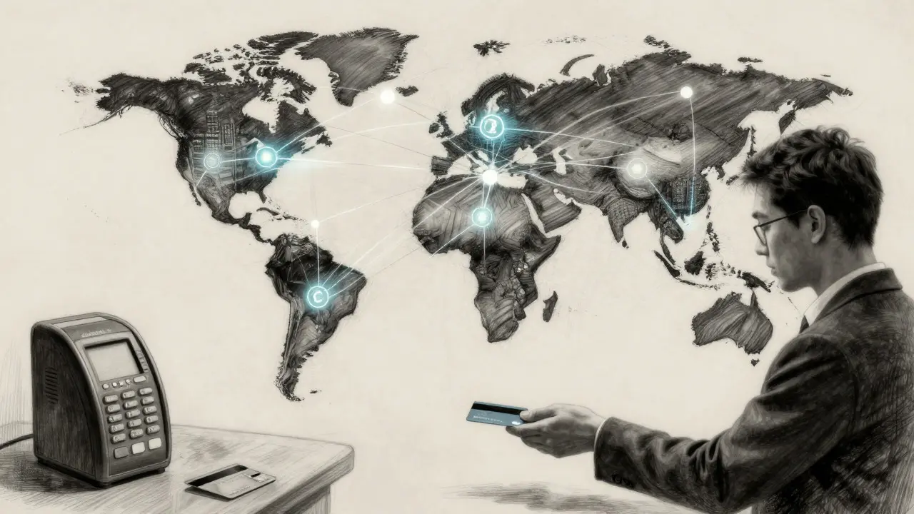 Charcoal drawing of a globe connected by luminous threads representing digital currency networks, with a merchant accepting a contactless payment in the foreground.