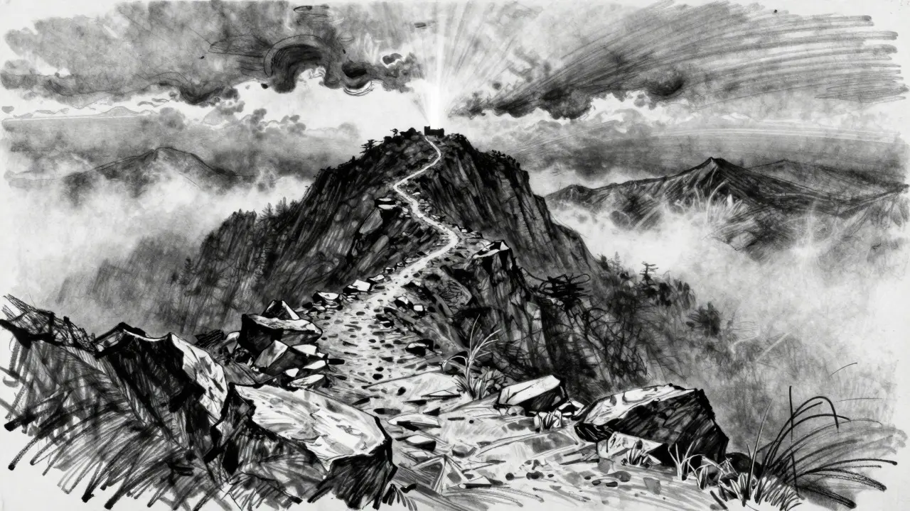 Charcoal drawing of a misty mountain path leading to a distant light source