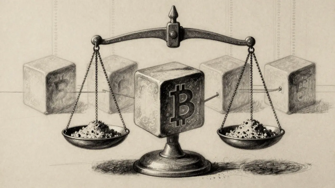 Charcoal drawing of a scale weighing a block against granular dust particles