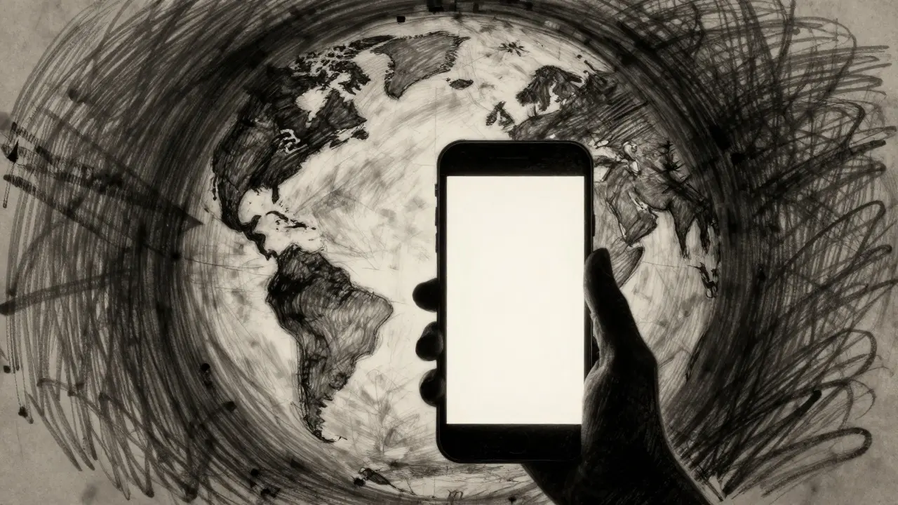 Charcoal drawing of a smartphone standing before a fragmented globe with shaded restricted regions
