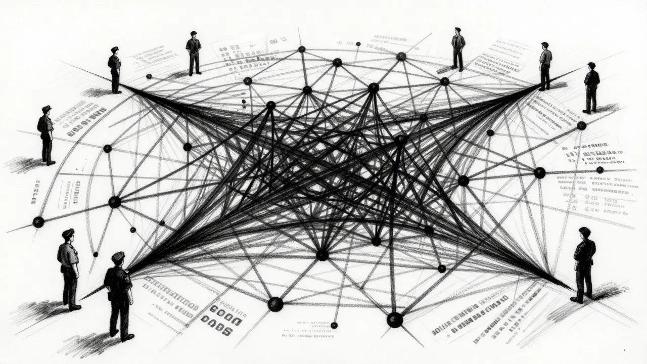 Charcoal drawing of a tightening net over a complex network of lines and nodes