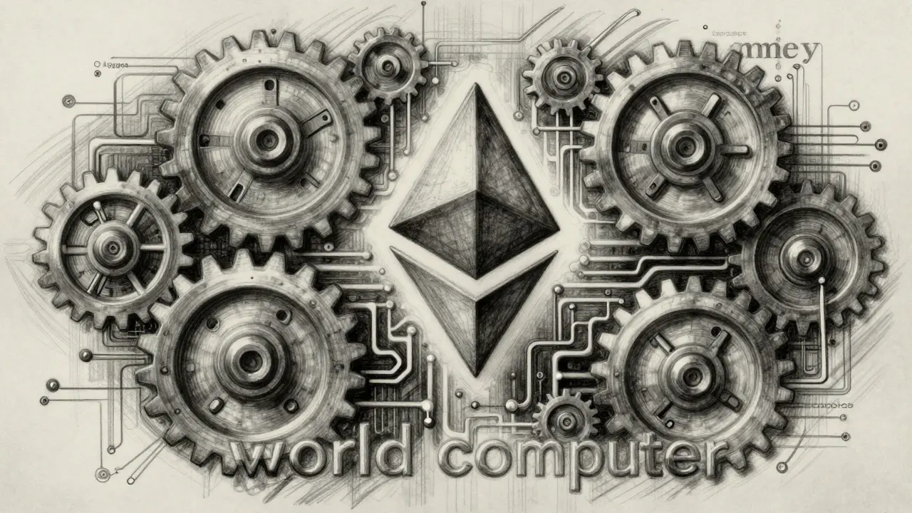 Charcoal drawing of interlocking gears and circuits representing blockchain tech