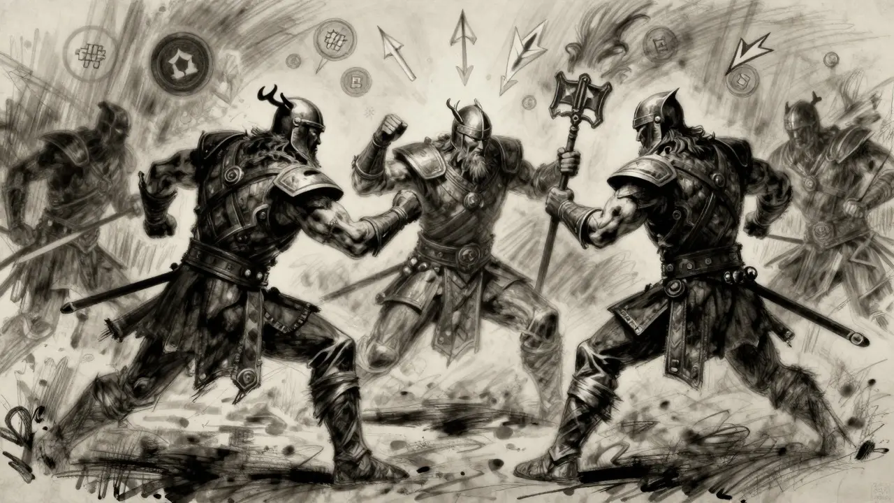 Charcoal drawing of Norse heroes battling with abstract trade symbols