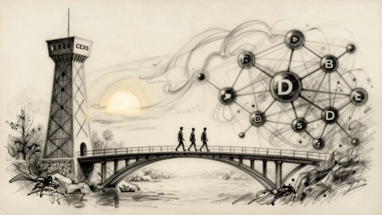 Charcoal illustration of a bridge connecting structured towers and fluid networks