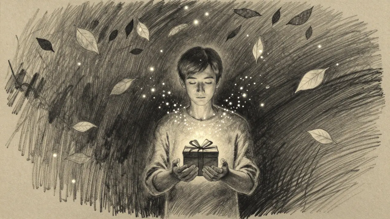 Charcoal illustration of a person receiving continuous falling rewards in a calm setting