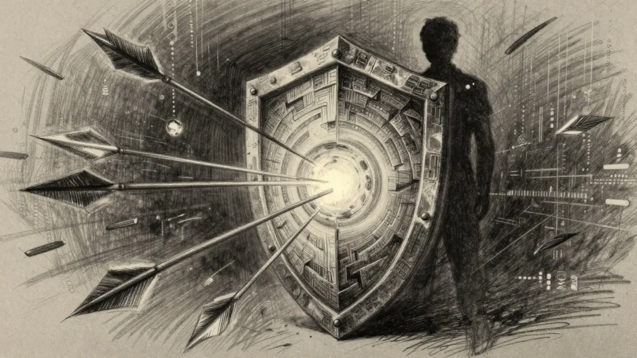 Charcoal illustration of a protective shield guarding a glowing orb from sharp fragments