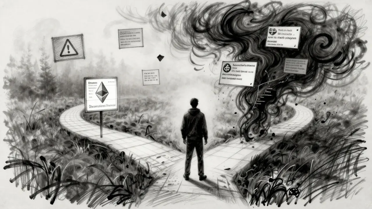 Charcoal illustration of a user navigating complex paths representing DeFi risks and rewards.