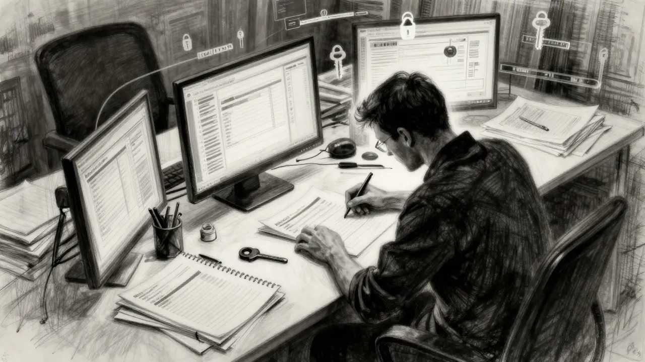 Charcoal illustration of a worker at a desk with floating digital overlays