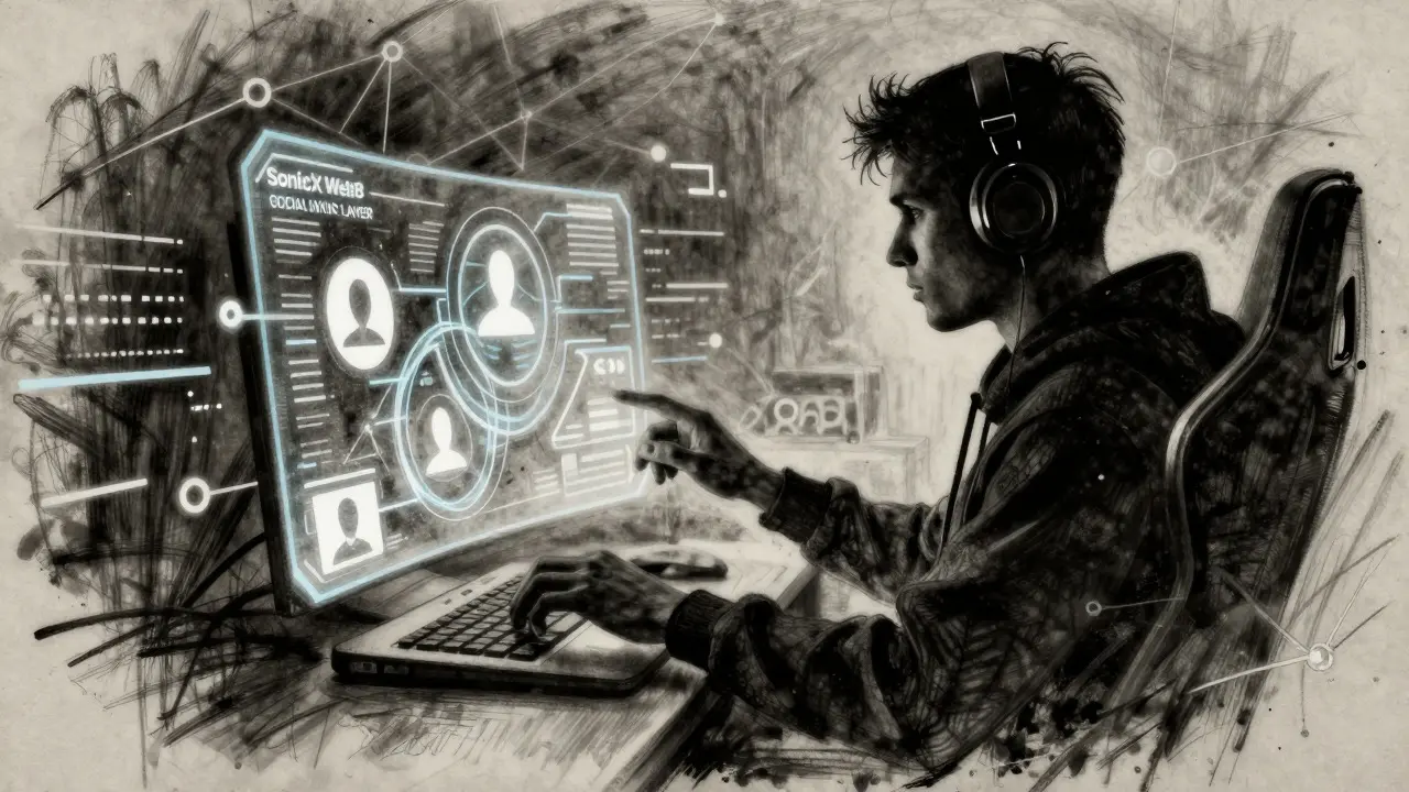 Charcoal illustration of gamer with holographic social interface