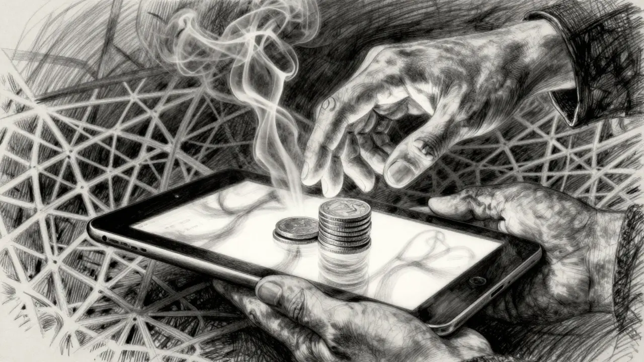 Charcoal illustration of hands holding coins under a shadowy, overseeing hand