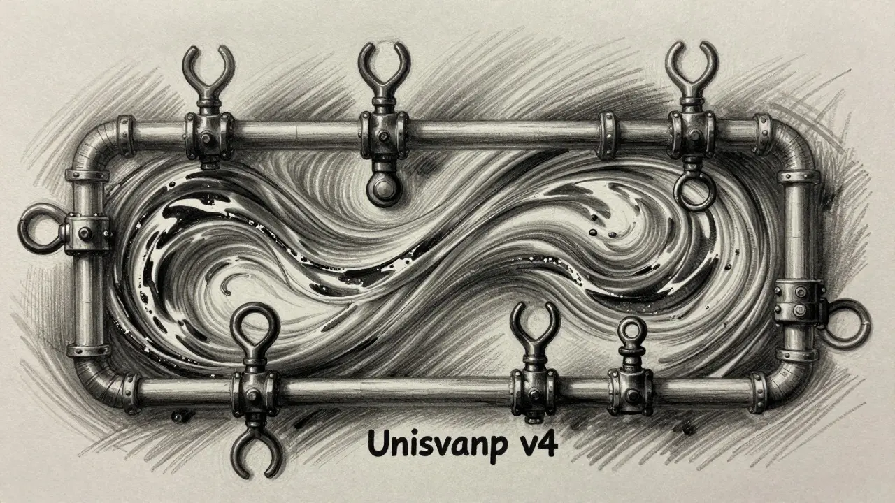 Charcoal illustration of modular hooks attaching to liquidity streams in Uniswap v4.
