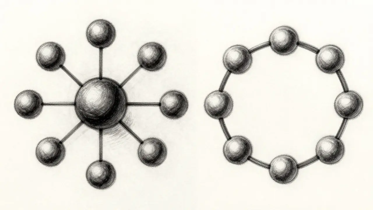 Charcoal sketch comparing hub-and-spoke and ring network topologies