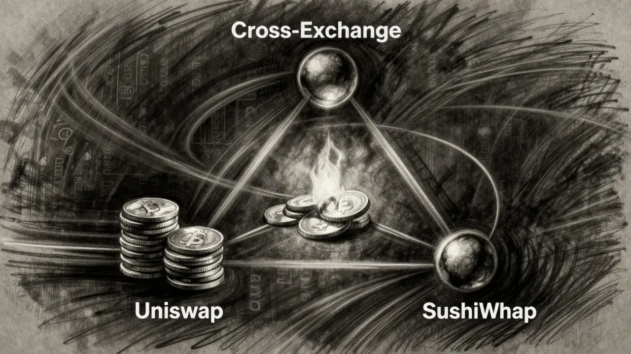 Charcoal sketch illustrating triangular arbitrage strategy in DeFi