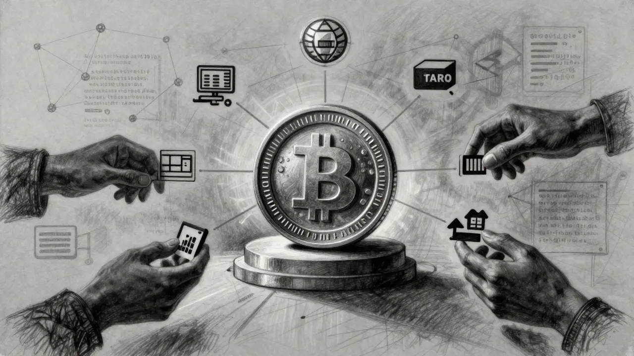 Charcoal sketch of a central token connecting to network nodes and trades