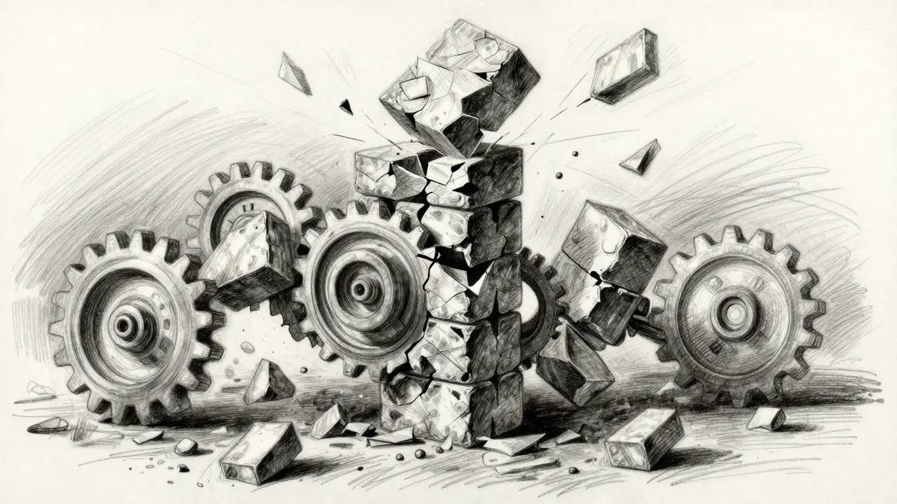 Charcoal sketch of a collapsing tower symbolizing DeFi combinatorial risk