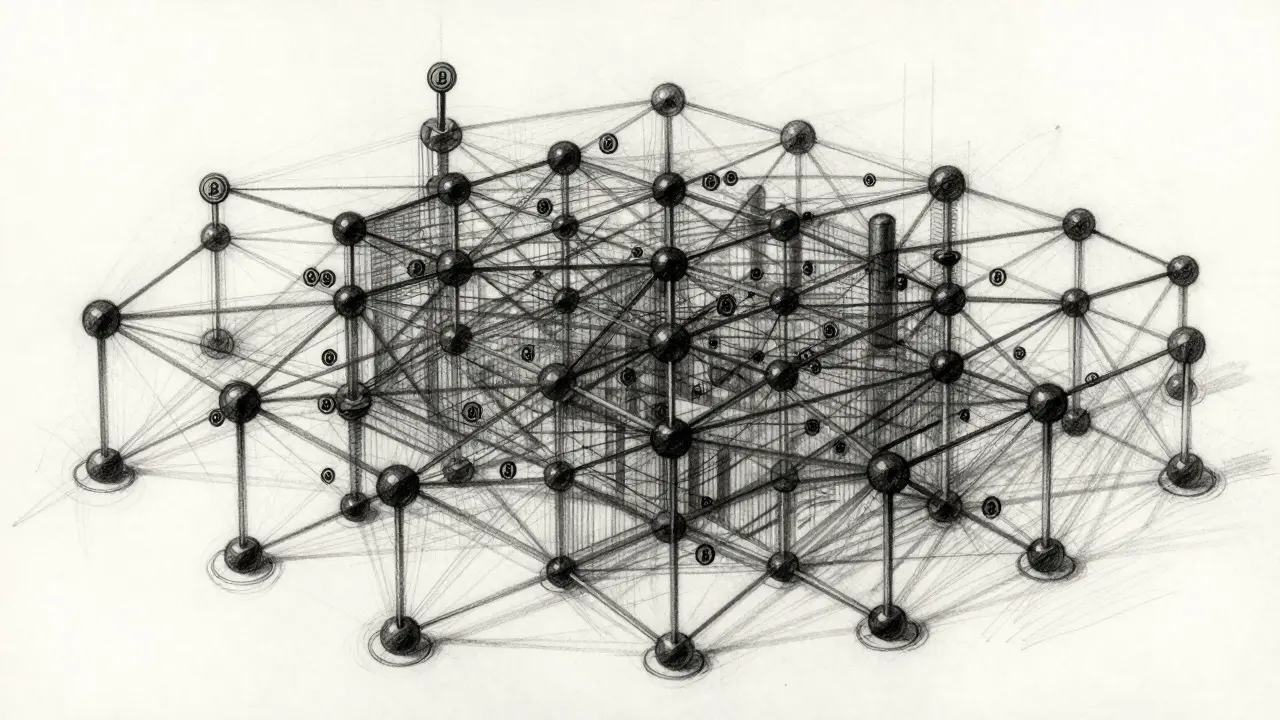 Charcoal sketch of a decentralized blockchain network structure