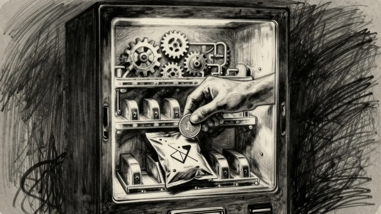 Charcoal sketch of a vending machine dispensing crypto via automated smart contracts.